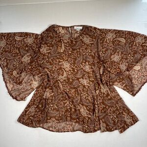 Simply Emma Brown Paisley Wrap Top with Flutter Sleeves